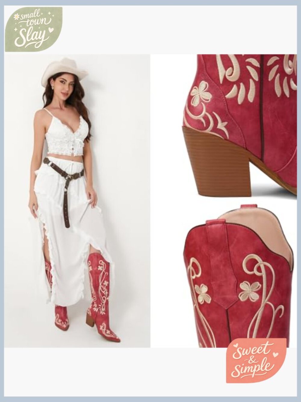 Knee High Cowboy Boots Floral Embroidered Western Pull On Faux Leather - Picture 2 of 7